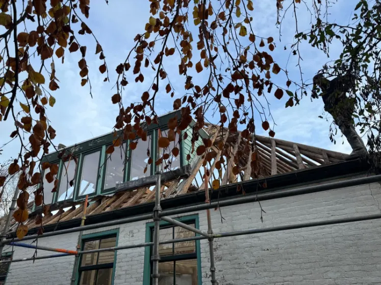 Oud pannendak gestript tot op de houten sporen, met steiger langs de gevel