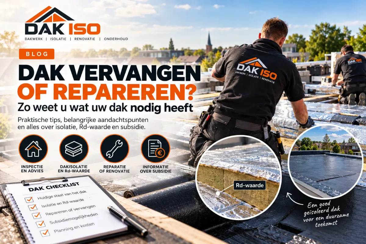 Dak vervangen of repareren: illustratie met een dakchecklist en isolatieplaten op een plat dak