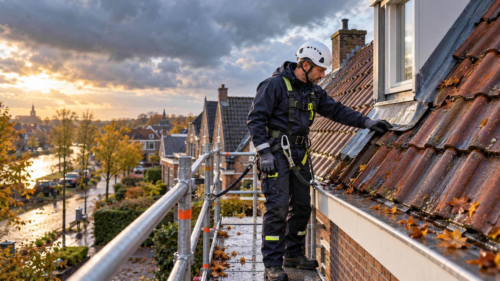 Dakdekker inspecteert veilig een pannendak na een herfststorm